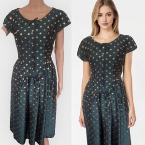 50s Dark Green Gold Polka Dot Dress Vintage Shirley Lee S M 36 28 New Old Stock